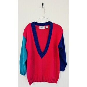 Vintage 80s Nuggets Color-block Oversized Navy Pink Deep V Neck Sweater  Sz  Med